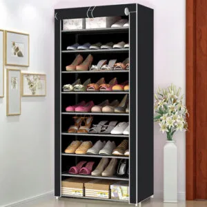 AsolBD Free Standing Shoe Rack جزامه, With Dust-proof Cover, Multi layer Shoe Storage Shelf Cabinet. Light weight Large Capacity Suitable for Sneakers Flats and Boots (Black, 9 Tiers)