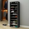 AsolBD Free Standing Shoe Rack جزامه, With Dust-proof Cover, Multi layer Shoe Storage Shelf Cabinet. Light weight Large Capacity Suitable for Sneakers Flats and Boots (Black, 9 Tiers)